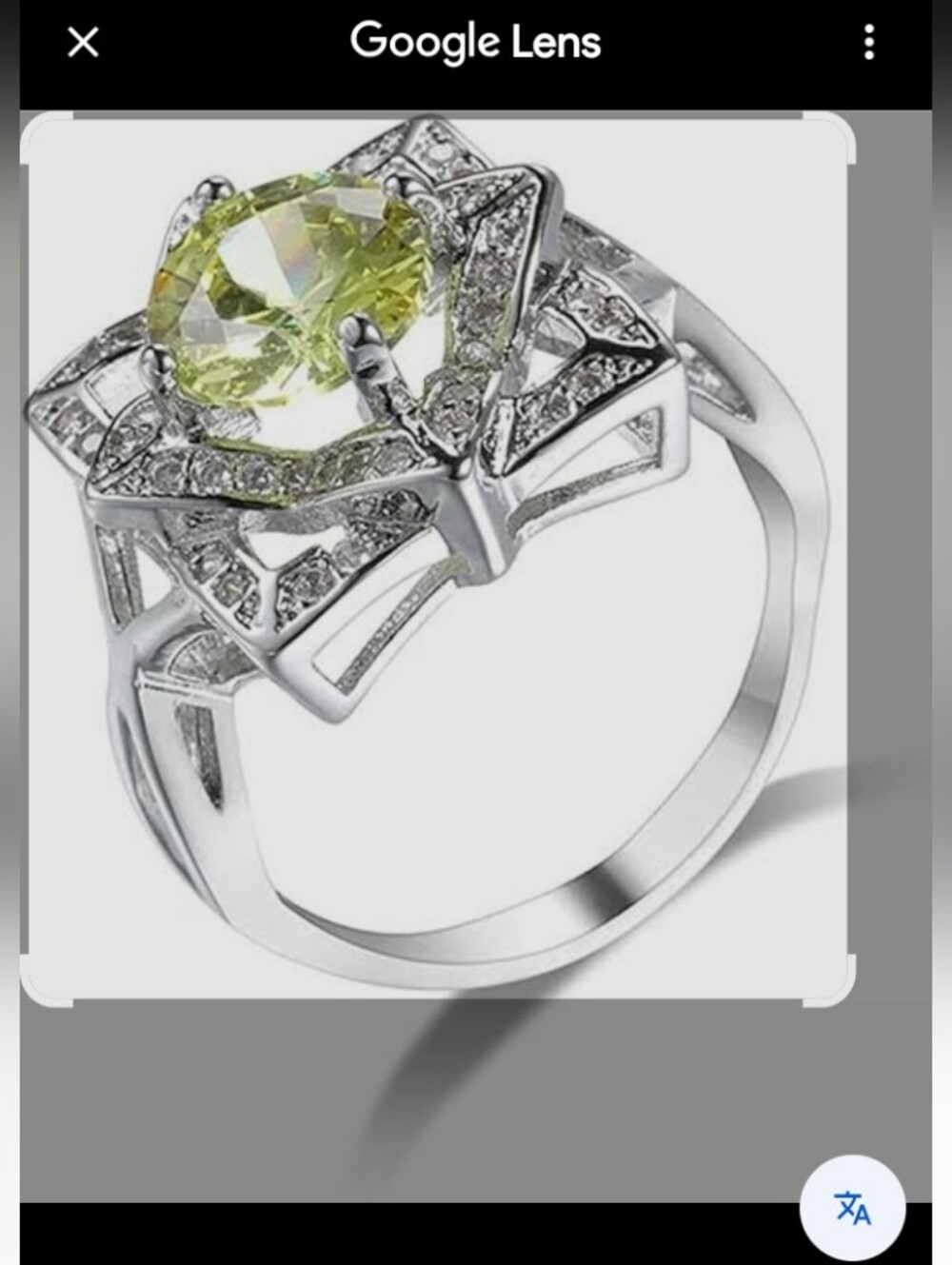 .925 Sterling Silver Floral Halo Ring with Lemon-Green Gem